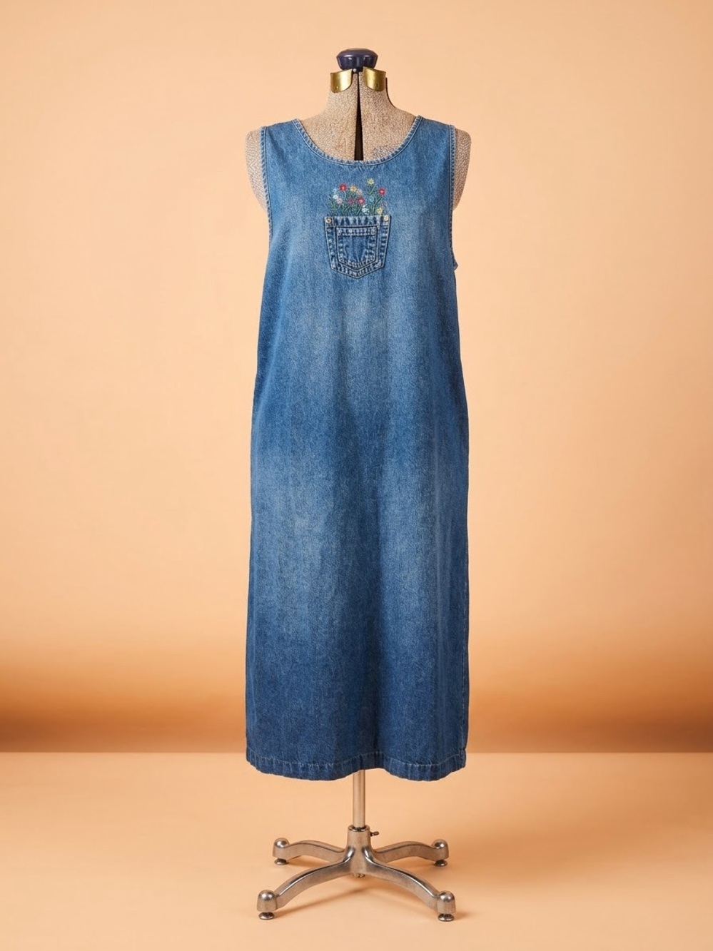 Vintage 90s True Blue Floral Embroidered Denim Jumper Dress - Medium